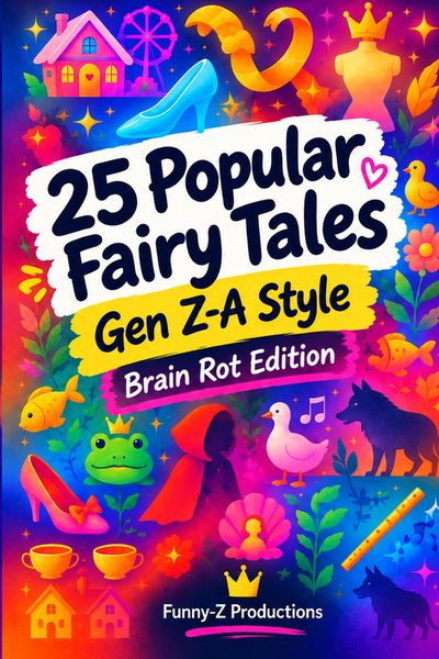 Book cover: 25 Popular Fairy Tales, Gen Z-A Style, Brain Rot Edition, by Funny-Z Productions